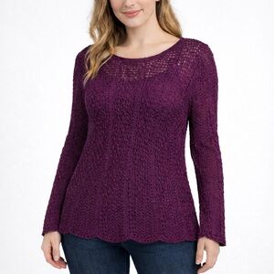 Grace & Lace Open Knit Sweater Eggplant Purple XL Scalloped Hem Lightweight